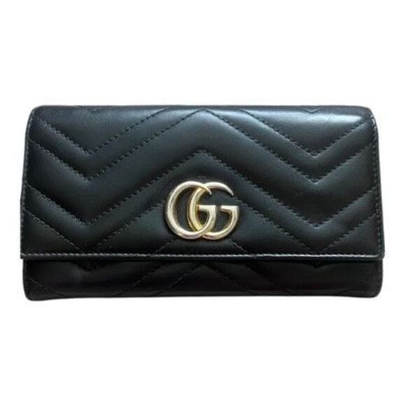 Gucci GG Marmont Matelassé Chevron Leather Flap Long Continental Wallet Black GU - Picture 1 of 5
